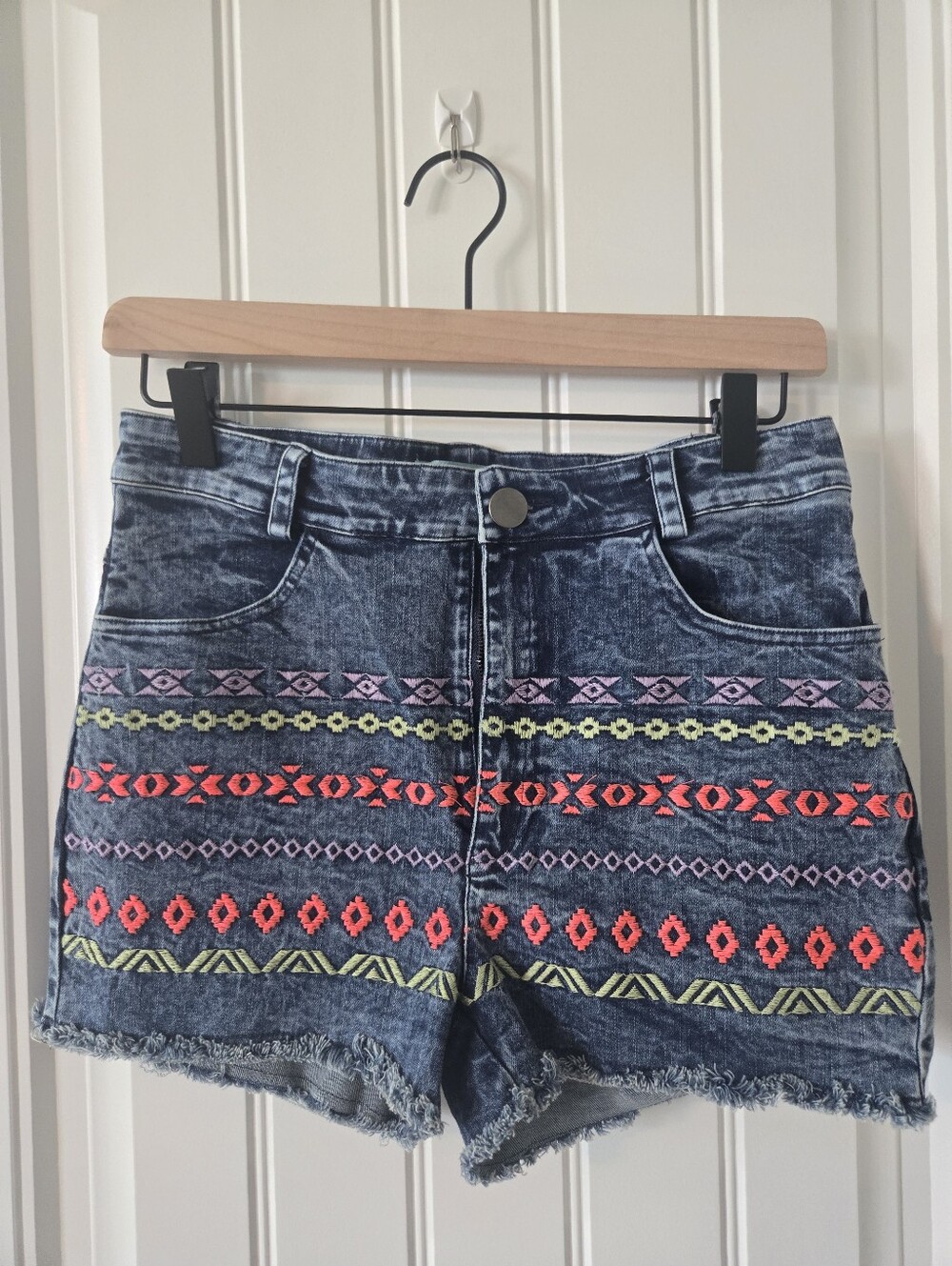 Flying Tomato Embroidered Blue Denim Shorts with Neon Accents